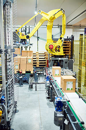 Industrial robotic arm picks cardboard boxes off a conveyor belt in a warehouse.